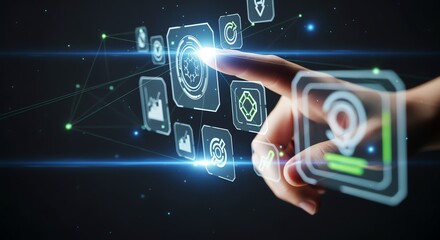 Finger Interacting with Digital Interface, Glowing Icons, Futuristic Technology, Dark Background