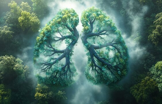 Aerial view of twin trees forming a pair of lungs above a misty forest, branches and roots shaping bronchi and airways, lush green canopy, ethereal and peaceful mood