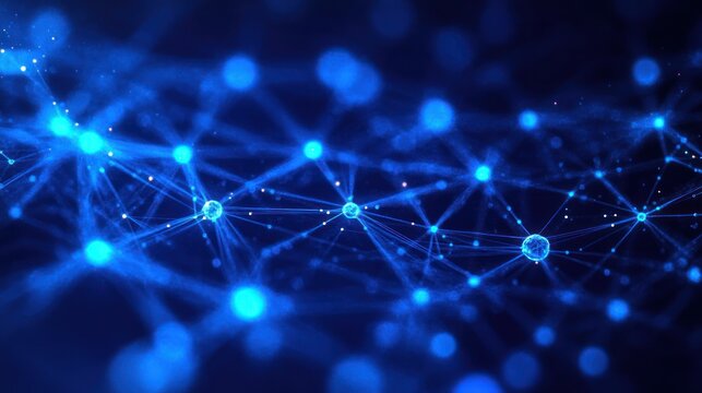 glowing blue network of interconnected nodes, lines and particles with bokeh highlights conveying futuristic connectivity and ethereal depth