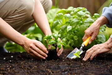 Two people planting a small green plant in rich dark soil with gardening tools