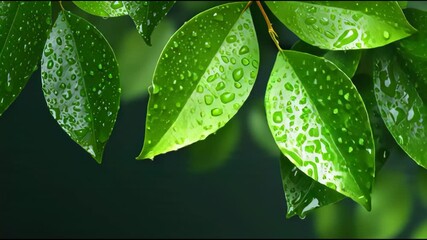 Close up of vibrant green leaves glistening with fresh water droplets after a refreshing rain shower showcasing nature s beauty and tranquility in stunning detail - Powered by Adobe