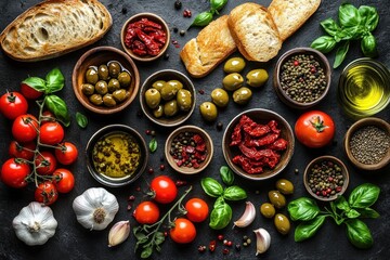Inviting rustic Mediterranean appetizer spread with sliced crusty bread, bowls of green olives and spices, cherry tomatoes on the vine, garlic cloves, fresh basil, sun-dried tomatoes and olive oil