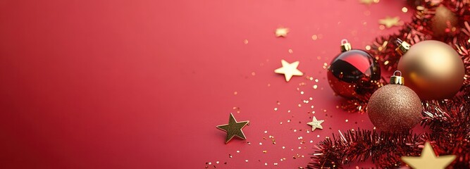 festive red background with gold and red Christmas baubles, glittering stars, red tinsel and scattered confetti conveying a warm celebratory mood