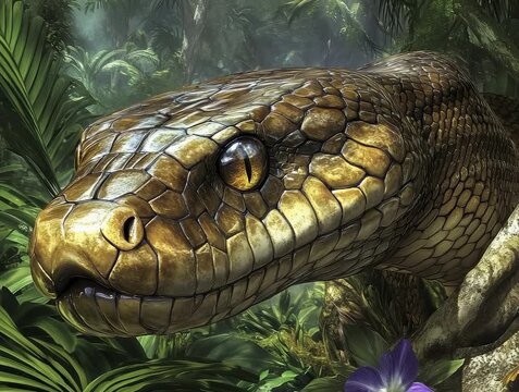 Close-up of a snake's head in a jungle environment with intricate scale details, showcasing reptilian features.