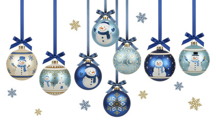 Snowman Christmas Ornaments Set with Blue and White Holiday Baubles on Transparent Background