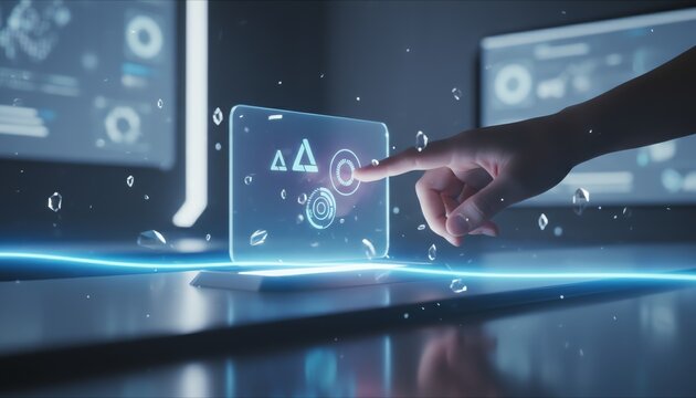 Finger Interacting with Holographic Interface on Futuristic Device with Glowing Blue Accents - Powered by Adobe
