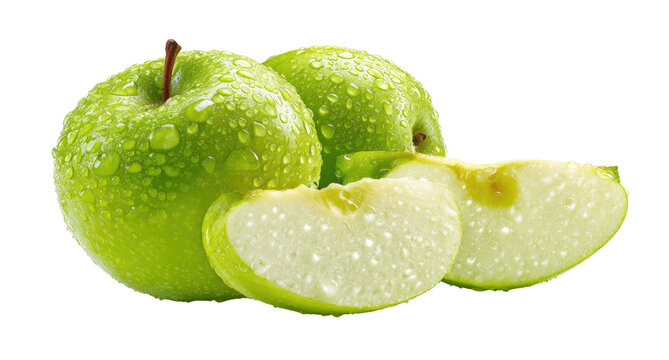 Vibrant green apples with water droplets, two whole and two slices