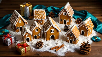 A charming collection of decorated gingerbread houses arranged on a rustic wooden surface with festive christmas decorations