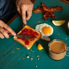 Person spreading jam on toast for breakfast with fried egg and bacon