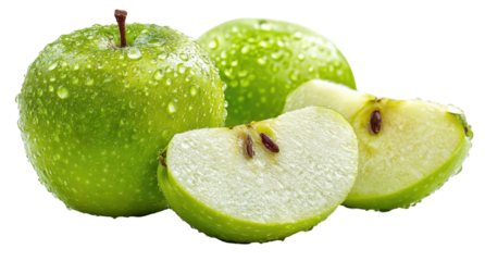 Fresh green apples glistening with water droplets