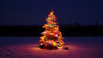 Illuminated christmas tree decorated with colorful lights in a snowy landscape at dusk