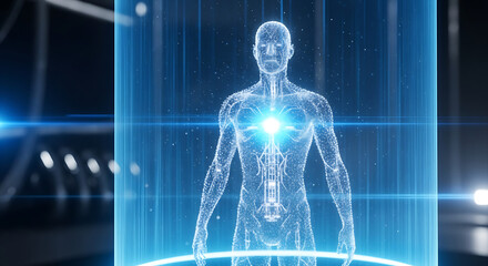 Hologram of a human body in a futuristic laboratory for medical research