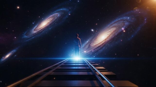 Silhouette of a man on a cosmic journey walking along a path to a glowing portal. Metaphor for exploring the future, finding purpose, and spiritual enlightenment in the galaxy