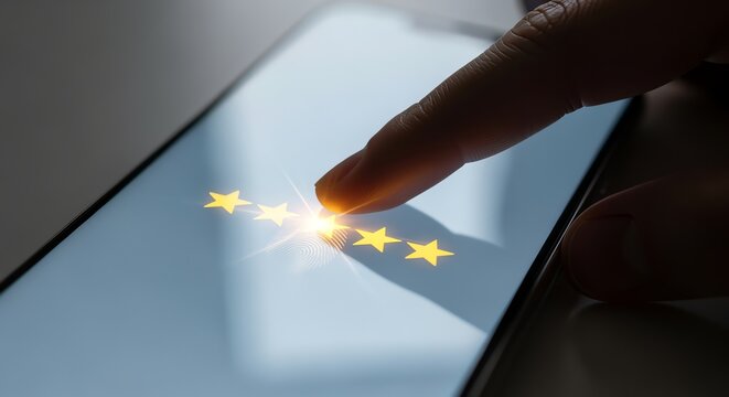 Finger Tapping Four Yellow Stars on Smartphone Screen for Rating