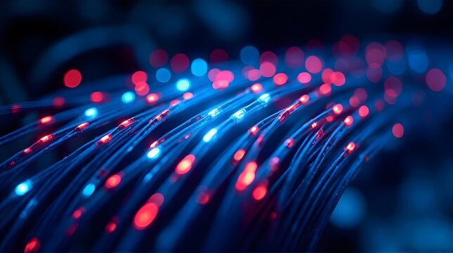 Illuminated Fiber Optic Cables: Dynamic Red and Blue Light Streams and Bokeh Effect