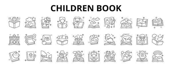 30 Children Book Line Icons Vector - Colorful Page, Animal Tale, Adventure Book, Fantasy World, Alphabet Book, Sensory Book, Magic Tale