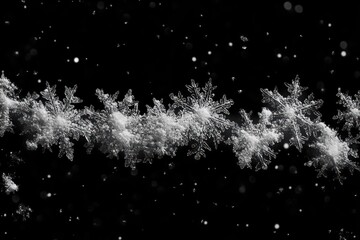 Obraz premium Delicate line of sparkling snowflakes and frost crystals on a deep black background with tiny falling flakes, evoking a serene, fragile winter wonder