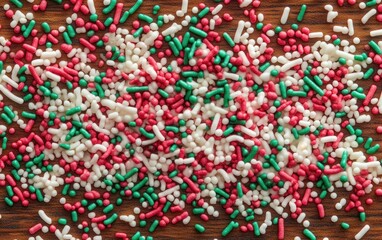 Obraz premium Scattered red, green and white oblong and round candy sprinkles on a wooden surface, festive joyful mood