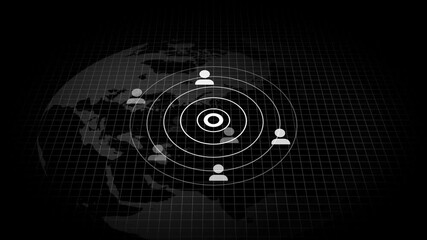 Global Network of People Icons Connected by Concentric Circles on a Grid Overlay connection animated, a global network with concentric circles and animated grid overlay showing connectivity. - Powered by Adobe