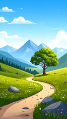 Obraz premium A vibrant scenic landscape shows a winding path through grassy hills, leading towards towering mountains under a sunny, clear sky