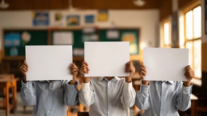 Blank Canvas in Classroom: Three students in a classroom, holding up blank signs, symbolizing potential, communication, education, and opportunity. A compelling visual representation of possibilities.