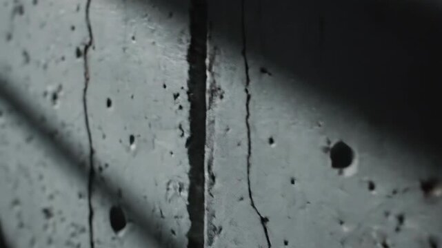 Industrial cinematic dolly shot over a rough, grey concrete wall texture with slowly moving deep shadows and subtle light reflection minimalist, foundation, hard