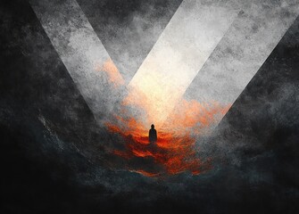 Solitary silhouette standing in glowing red-orange mist beneath two converging beams of light, surrounded by dark textured fog, evoking solitude and awe