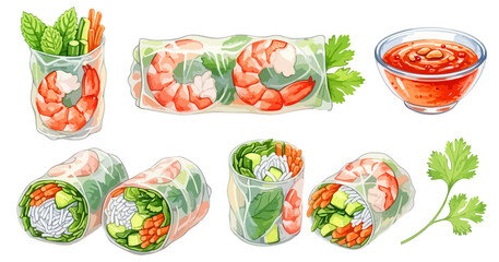 ベトナム風生春巻き（ゴイ・クォン）とソースのセット,エビ,アボカド,ヘルシー,アジア料理,水彩,リアル
