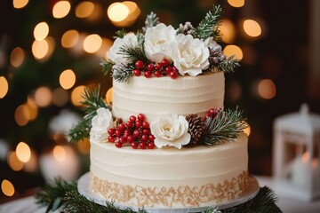 Two-tier white buttercream celebration cake adorned with white sugar roses, clusters of red berries, pine cones and evergreen sprigs, gold lace trim and warm festive bokeh lights, cozy elegant mood