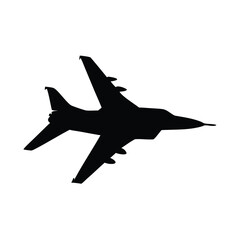 Silhouette of a fighter jet flying against a plain white background view