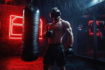 Shirtless muscular boxer wearing gloves stands beside heavy punching bag in a rainy gym lit by red neon, exuding intense power and focused determination