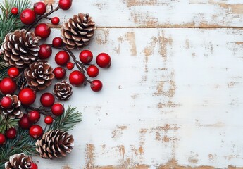 festive arrangement of frosted pinecones, bright red winter berries and evergreen sprigs on a rustic whitewashed wooden background evoking cozy holiday warmth