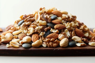 heap of mixed shelled nuts and seeds including walnuts, almonds, cashews, peanuts and pumpkin seeds on a wooden board, inviting rustic and wholesome snack