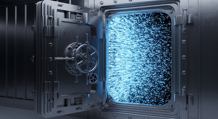 Digital data stream flowing into a bank vault, concept of data security