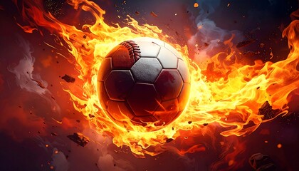 Fototapeta premium A soccer ball engulfed in vibrant flames and smoke