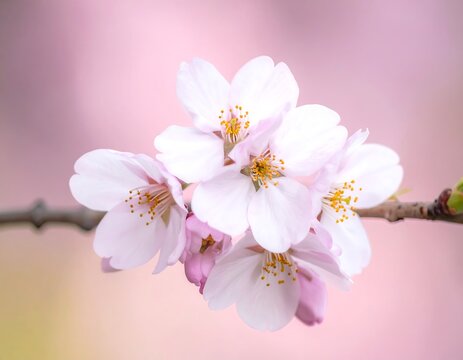 Close-up of delicate blossoms with pale pink petals blooming on a slender branch against a soft pink background