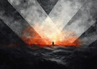 solitary figure standing on dark turbulent waves beneath converging beams of light and a fiery orange horizon, evoking isolation and awe