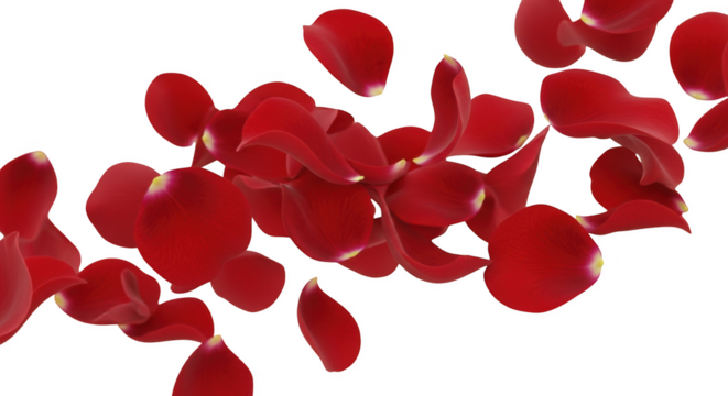 Romantic falling red rose petals isolated on a clean background, ideal for love