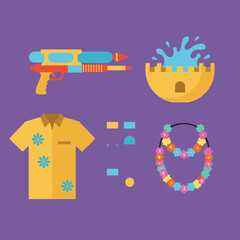 Summer icons, cartoon illustration, water gun, Hawaiian shirt, flower necklace, beach theme, colorful design, tropical style, playful elements, vacation vibe, festive artwork