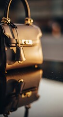 Elegant leather handbag with gold-toned hardware reflects on a polished dark surface