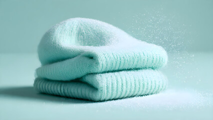 Cozy, fluffy pastel blue knitwear stacked softly with sparkling sugar dust creating a dreamy, luxurious winter aesthetic