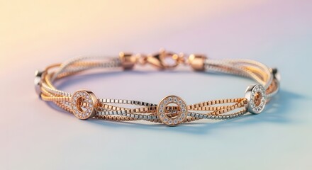 Fototapeta premium Elegant multi-strand bracelet featuring inlaid circular gemstones against a soft gradient background