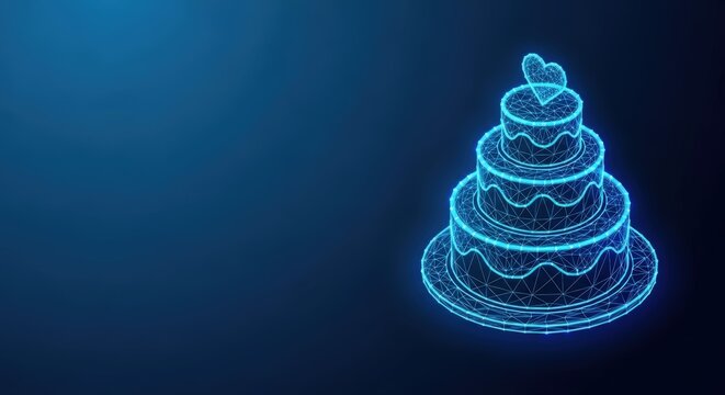 Abstract glowing wireframe tiered cake with heart on top