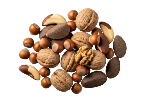 Pile of assorted nuts including walnuts, hazelnuts, and brazil nuts isolated on transparent background healthy snack concept