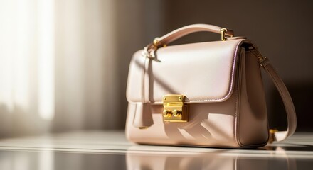 Elegant light pink leather handbag rests on a reflective surface bathed in soft sunlight