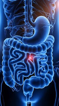 Human Digestive System Anatomy with Blue Light Effect Gastric Visualization and Red Spot on Intestine Detailed Depiction on Black Background Medical Animation