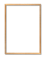 Light brown, natural wood picture frame with thin profile, set against pure white background. Soft, natural-looking shadow is cast beneath  bottom and right edges of frame © sutthichai