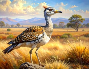 A regal bird stands poised in a sunlit grassland landscape