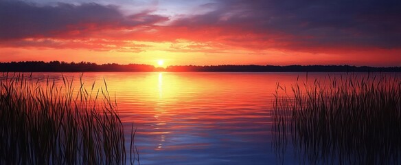 Warm tranquil sunset over a calm lake with vibrant orange and purple clouds, sun reflecting on rippling water, distant tree line silhouette and tall reeds framing the foreground