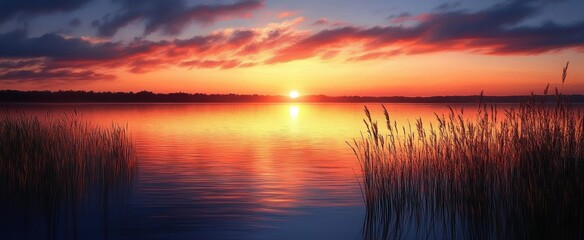 Golden sunset over a tranquil lake with sun on the horizon, colorful clouds and warm reflections on still water, silhouetted reeds in the foreground, peaceful and serene mood